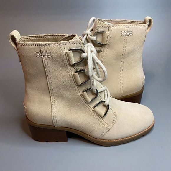 Sorel Cate Lace Ankle Boots Block Heel Natural Tan - Picture 1 of 5